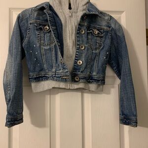 Justice Blue Denim Cropped Jacket lined with Gray Hoodie Zip Up